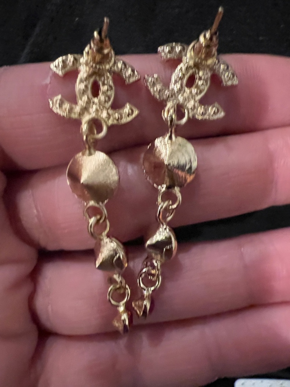 CHANEL Red Crystal Logo Drop Earrings - Gold Tone - Picture 8 of 13